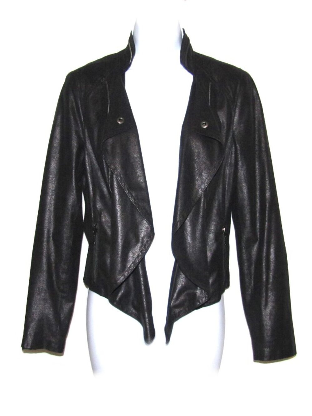 INC Black Faux Leather Flyaway Drape Front Jacket Size S